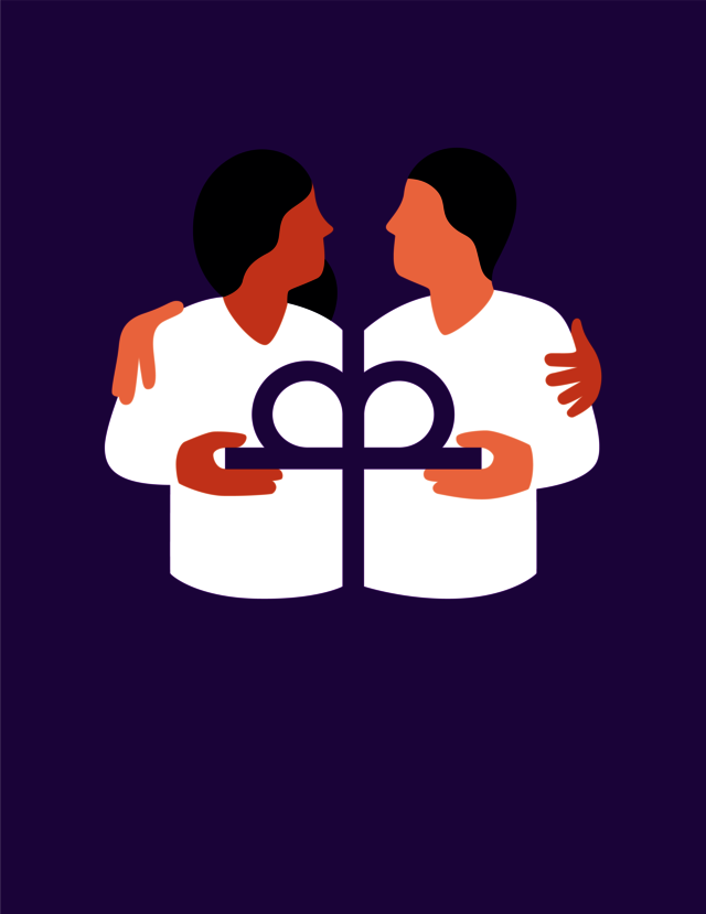 Symbolbild - zwei gezeichnete Menschen stehen sich gegenüber, sie halten sich im Arm, mit den anderen Armen halten sie vor sich ein lila Kronenkreuz